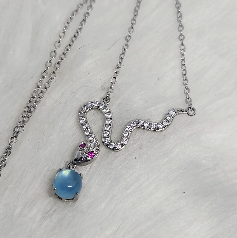 💙 Aquamarine Snake Necklace | Stainless Steel CZ Crystal Pendant 💙
